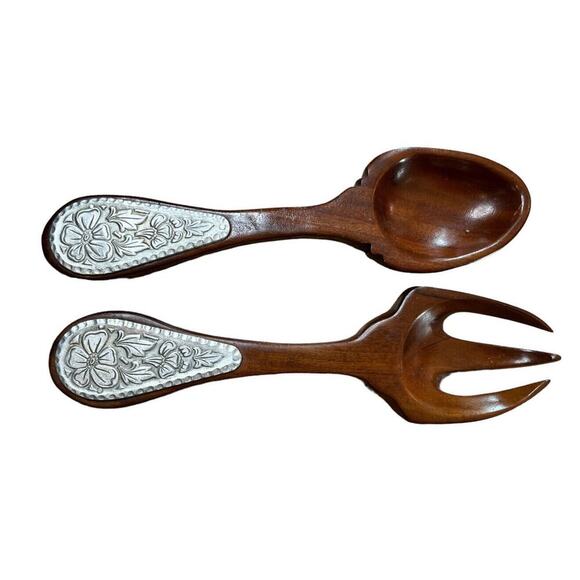 Hand Forged Everlast Metal & Wood Salad Fork & Spoon Serving Haiti Handmade MCM - Picture 1 of 5